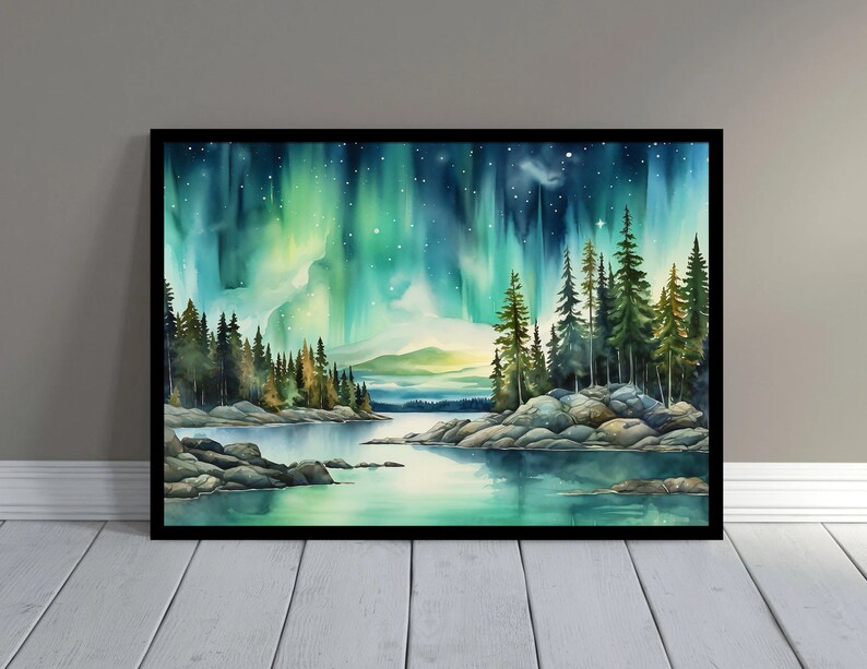 May include: A watercolour painting depicting a forest scene with a vibrant green and blue aurora borealis in the sky. The trees are silhouetted against the colourful sky, and there is a lake in the foreground.