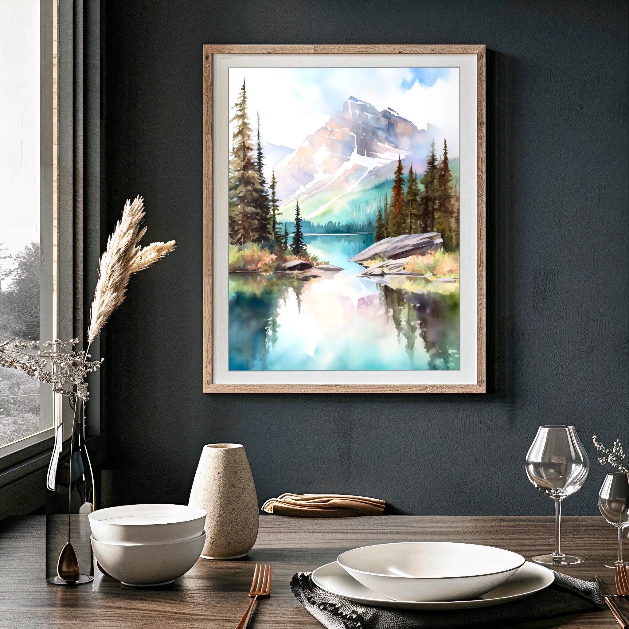 バンフの絵画 カナダ 水彩画 アートプリント 山 湖 風景 ティール