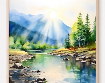 Mountain River in the sun watercolor painting art print