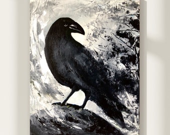 Original Oil Painting Crow Bird Original Art Black Bird Original Artwork Black Raven Birds Wall Painting