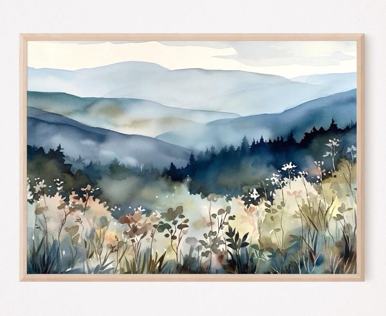 Blue Ridge Mountains Watercolor North Carolina Landscape Wildflowers Painting Art Print Appalachian Highlands Artwork Nature Wall Art image 1