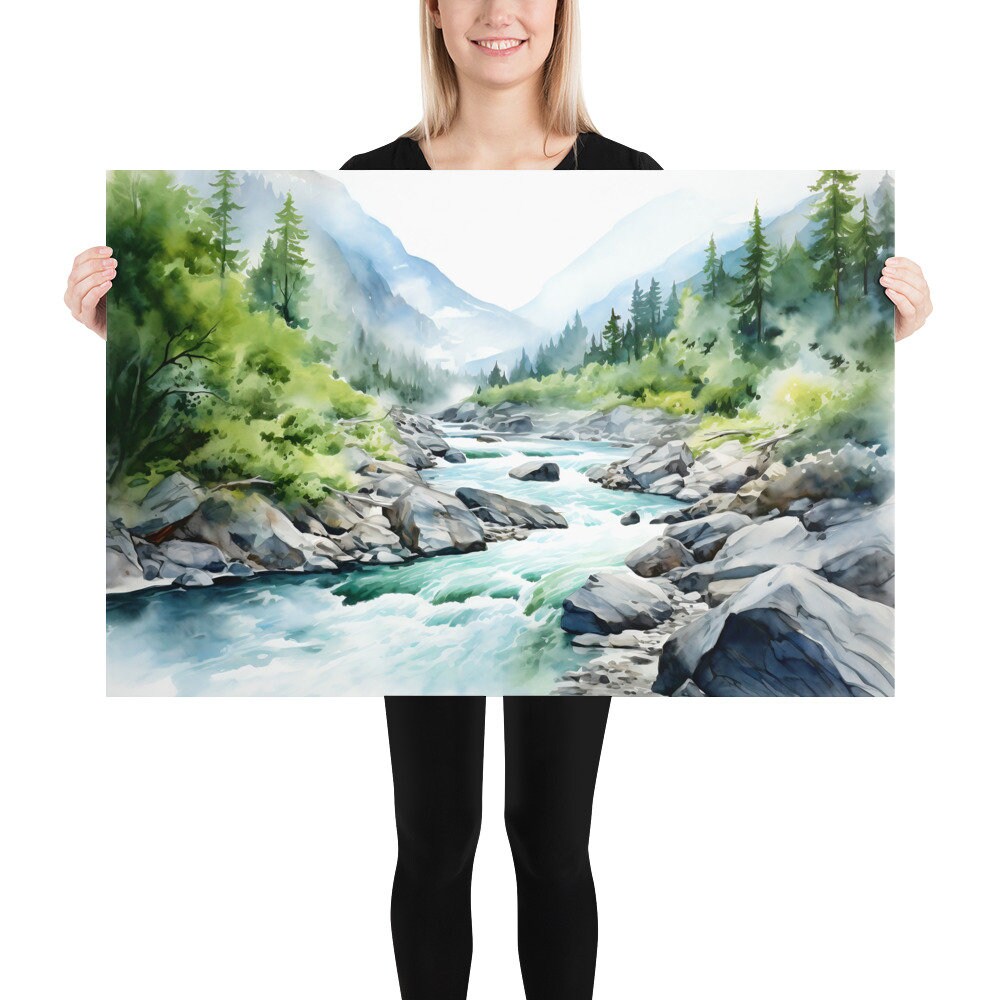 山川の水彩風景、松の木の壁アート、青緑のアートプリント、松林の絵画