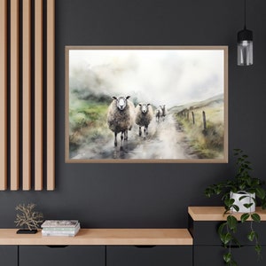 May include: A watercolor painting of four sheep walking down a foggy path. The sheep are white with brown markings and are walking in a line. The path is surrounded by green grass and trees. The background is a soft, hazy blue.