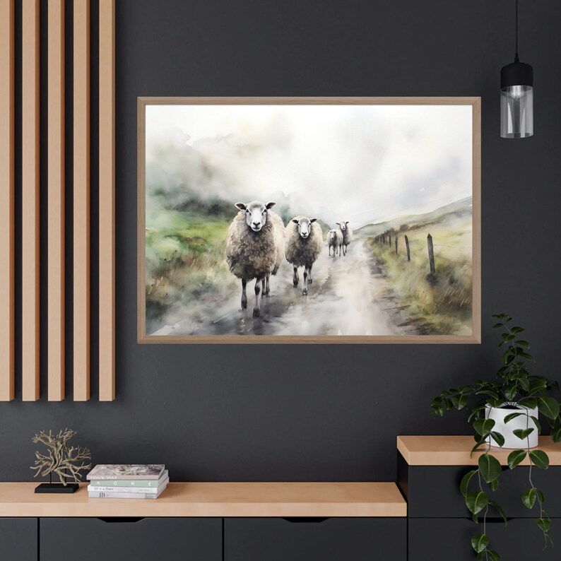 May include: A watercolor painting of four sheep walking down a foggy path. The sheep are white with brown markings and are walking in a line. The path is surrounded by green grass and trees. The background is a soft, hazy blue.