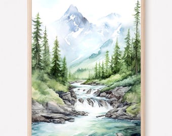 May include: Watercolor painting of a mountain landscape with a river flowing through it. The river has a waterfall and is surrounded by green trees and rocks. The mountains are snow-capped and the sky is a light blue.