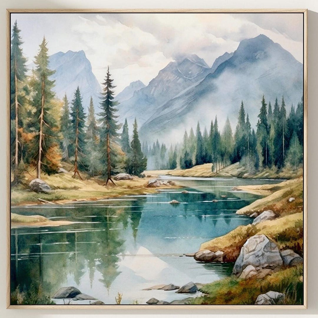 Mountain River Landscape Watercolor Painting Pine Tree Wall Art Neutral ...