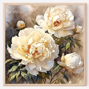 White Peonies Painting Flowers Watercolor Floral Wall Art Botanical Art Print Garden Flowers Poster Home Decor Gift Art