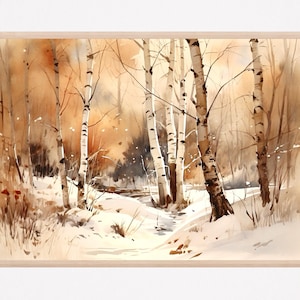 Impresión artística de acuarela de bosque invernal, arte mural de bosque nevado, regalo de decoración del hogar