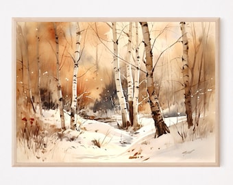 Winter Forest Watercolor Painting Art Print, Snowy Forest Wall Art, Home Decor Gift