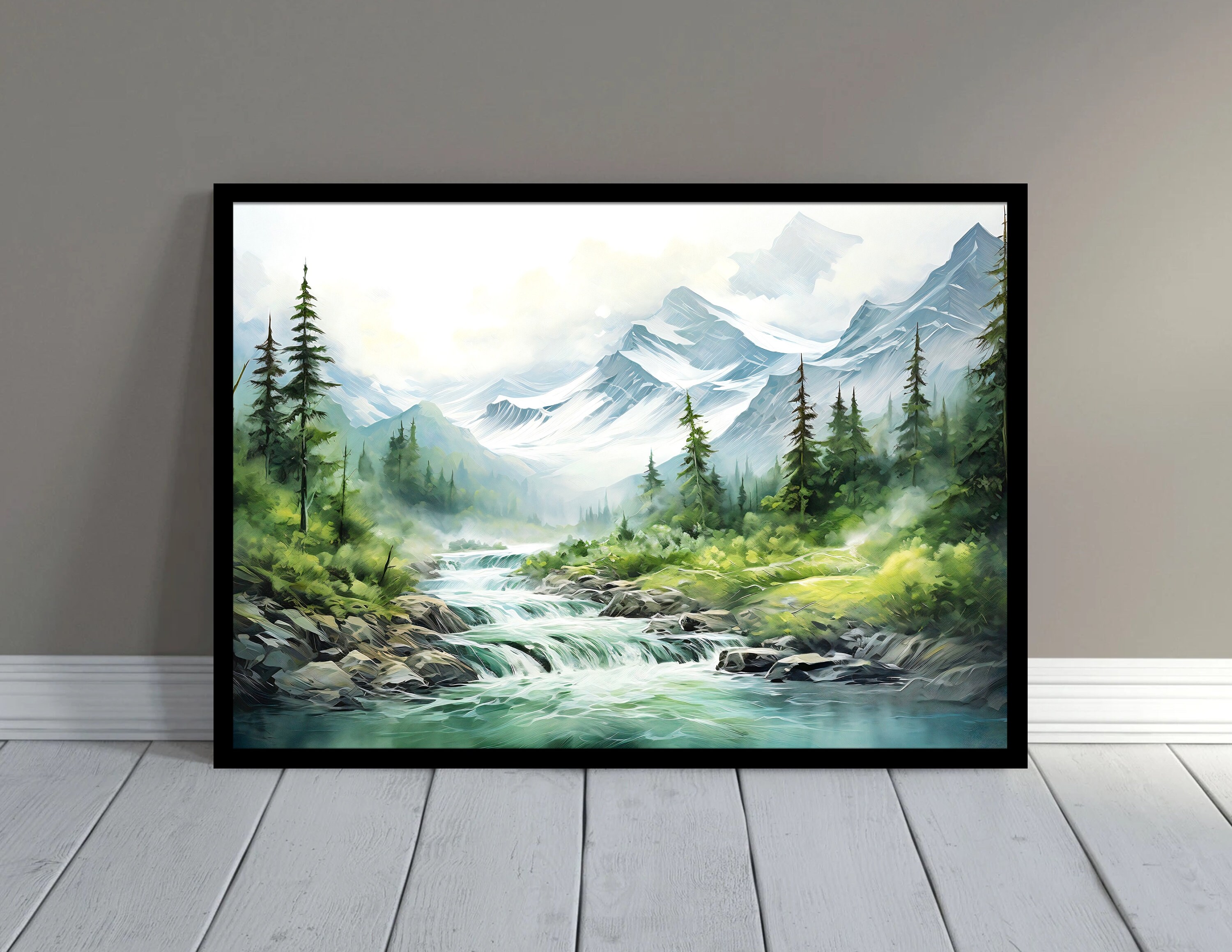 Mountain River Painting Misty Forest Landscape Wall Art Pine Tree ...