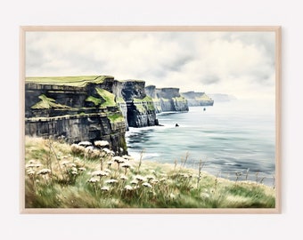 Cliffs of Moher, Co Clare, Ireland travel wall art, irish landscape watercolor painting print, home decor gift