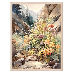 Mountain Meadow Painting Print, Wildflower Landscape Art, Large Modern Nature-Inspired Home Decor Gift
