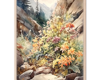Mountain Meadow Painting Print, Wildflower Landscape Art, Large Modern Nature-Inspired Home Decor Gift