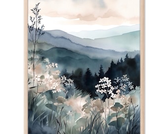 ブルーリッジ山脈の水彩画、ノースカロライナの風景、野花、絵画、アートプリント、アパラチア高地のアートワーク、自然の壁掛けアート