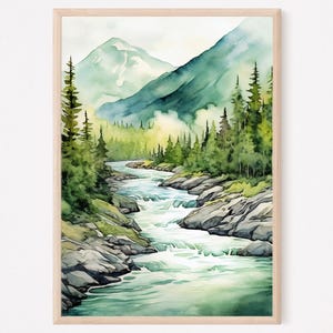 Mountain River Painting Misty Forest Landscape Wall Art Pine Tree Watercolor Painting Light Blue Green Beige Art Print Mountain Poster