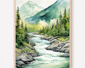 Mountain River Painting Misty Forest Landscape Wall Art Pine Tree Watercolor Painting Light Blue Green Beige Art Print Mountain Poster