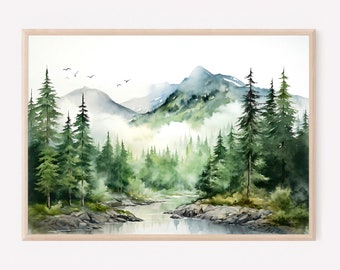 Mountain lake watercolor fine art print blue green mountains painting large neutral landscape print minimalist wall art panoramic landsape