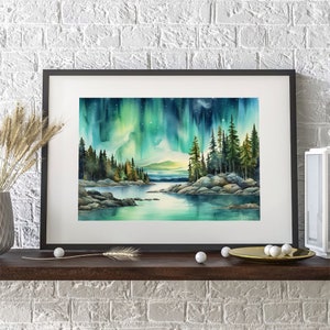 May include: A watercolour painting depicting a forest scene with a lake in the foreground. The sky is filled with a vibrant green and blue aurora borealis. The trees are silhouetted against the colourful sky.