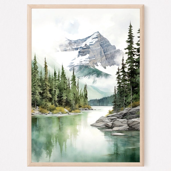 Parc national Banff Canada Voyage Aquarelle Peinture Art Print, Grande affiche de paysage de montagne, Impression de voyage, Art mural de montagne