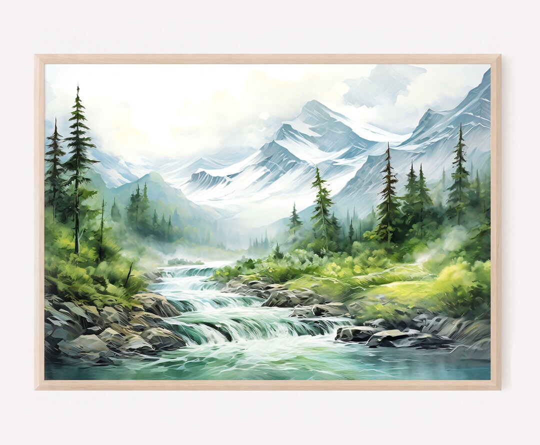 Mountain River Painting Misty Forest Landscape Wall Art Pine Tree ...