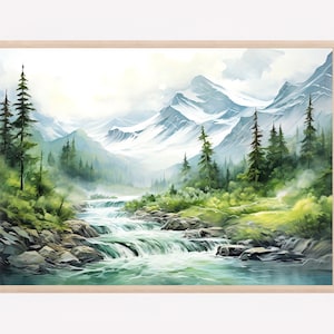 Bergfluss Gemälde Nebelwald Landschaft Wandkunst Kiefernbaum Aquarell Malerei Hellblau Grün Beige Kunstdruck Berg Poster