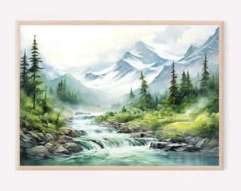 Mountain River Painting Misty Forest Landscape Wall Art Pine Tree Watercolor Painting Light Blue Green Beige Art Print Mountain Poster