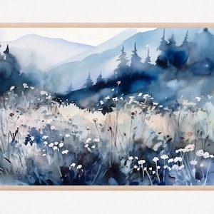 Blue trip in a meadow print watercolor landscape wildflowers painting highlands artwork nature wall art  minimalist home decor gift