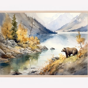 Lake Clark National Park Print Grizzly Bear Alaska Travel Art Lake Clark Poster Classic Watercolor Vintage Style