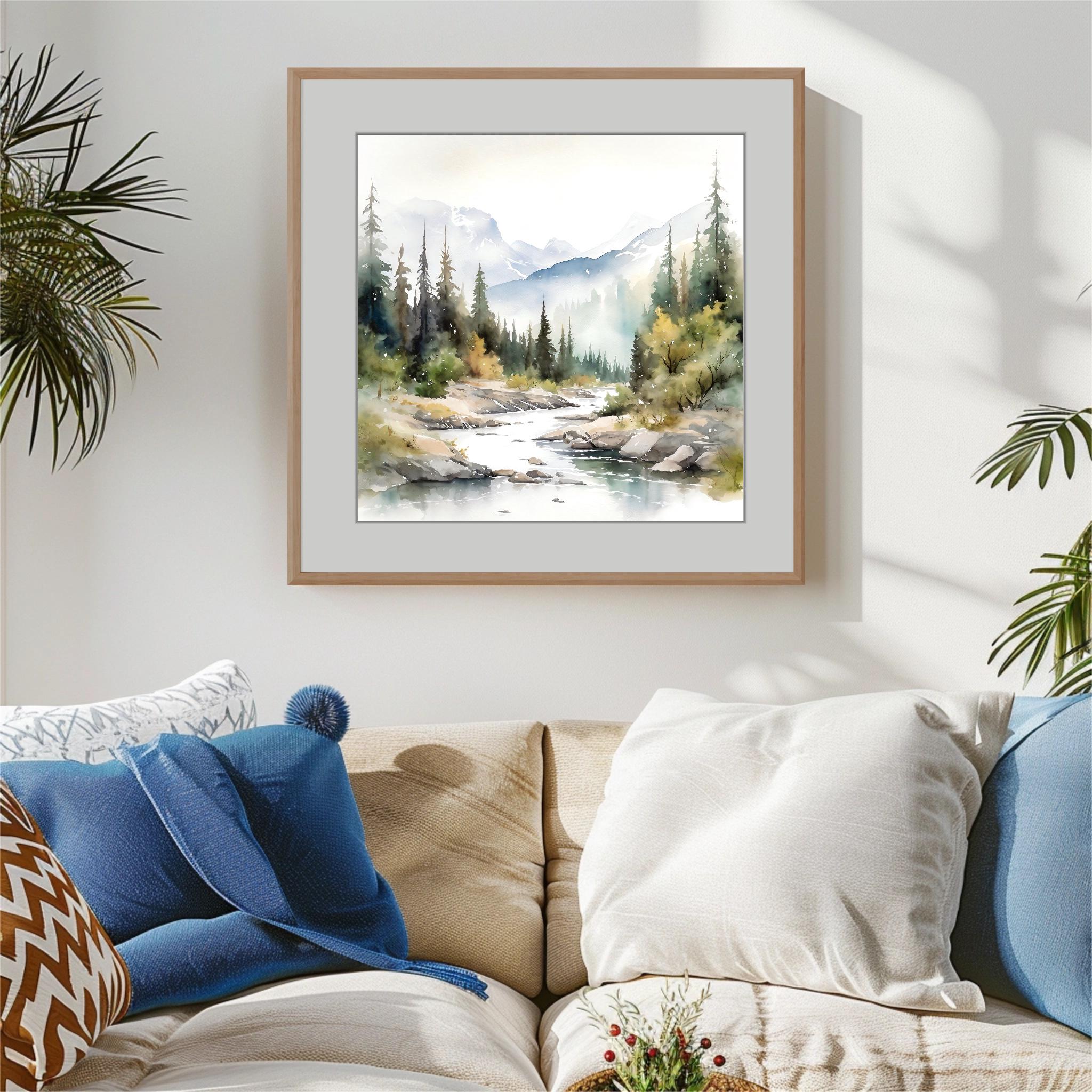Mountain River Landscape Watercolor Painting Pine Tree Wall Art Neutral ...
