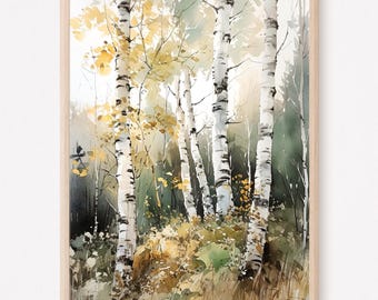 Birch woods art print, Watercolor birch tree painting, Fall birch trees artwork, Landscape wall art