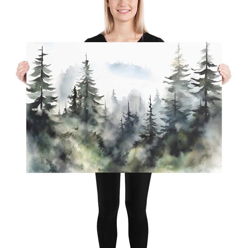 Misty Pine Forest Wall Art – Watercolor Evergreen Trees Poster, Green ...