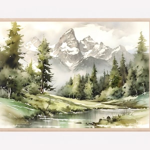 Grand-Teton-Druck, Berglandschaft, Aquarell-Wandkunst, Berg-Wanddekor, Grand-Tetons-Kunst, Gewächshausdekor, Nationalpark-Druck. GT