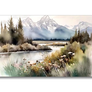 Grand Tetons Mountain Wildflowers Watercolor Art Print Mountains Watercolor Painting Landscape Wall Art Decor Travel Gifts by TetianaArt