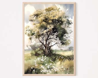 Tree Painting, Summer Country Landscape Large Wall Art Print, Watercolor Artwork, Home Decor Gift Art