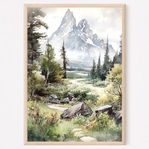 Grand Teton Print, Mountain Landscape, Watercolor Wall Art, Mountain Wall Decor, Grand Tetons Art Green House Decor, National Park Print. GT