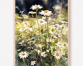 May include: A watercolour painting of a field of white daisies with yellow centres. The daisies are in various stages of bloom and are surrounded by green foliage. The background is a soft, blurred blue.