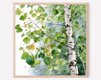 Birch Forest Watercolor Print, Green Woodland Wall Art, Nature Home Decor Gift for Living Room