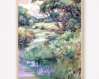 田舎の小川、田園風景、水彩風景、田舎、川の絵画、川の風景、緑の川