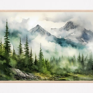 山の風景の水彩画、ニュートラルな壁アート、パノラマ風景、ミニマリストの壁アート、山の絵画、緑の自然アートプリント