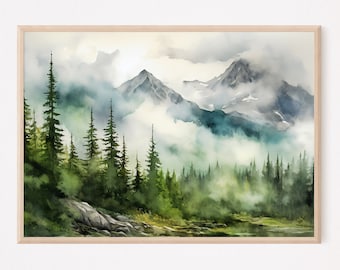 Mountain landscape watercolor neutral wall art panoramic landscape minimalist wall art mountains painting green nature art print