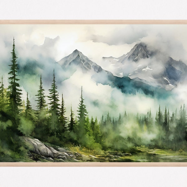 Mountain landscape watercolor neutral wall art panoramic landscape minimalist wall art mountains painting green nature art print