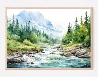 Bergfluss Aquarell Landschaft Kiefernbaum Wandkunst blau grün Kunstdruck Kiefernwald Gemälde minimalistisches Wanddekor