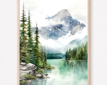 May include: A watercolor painting of a mountain lake scene with a large mountain in the background, surrounded by trees and a lake reflecting the sky. The painting is done in shades of blue, green, and white.