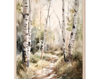 Birch woods art print, Watercolor birch tree painting, Landscape wall art, Home Decor Gift Art