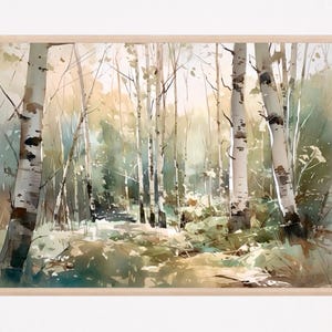 Birkenwald horizontaler Kunstdruck, Aquarell Birkenbaum Malerei, Landschaft Wandkunst, Home Decor GeschenkKunst