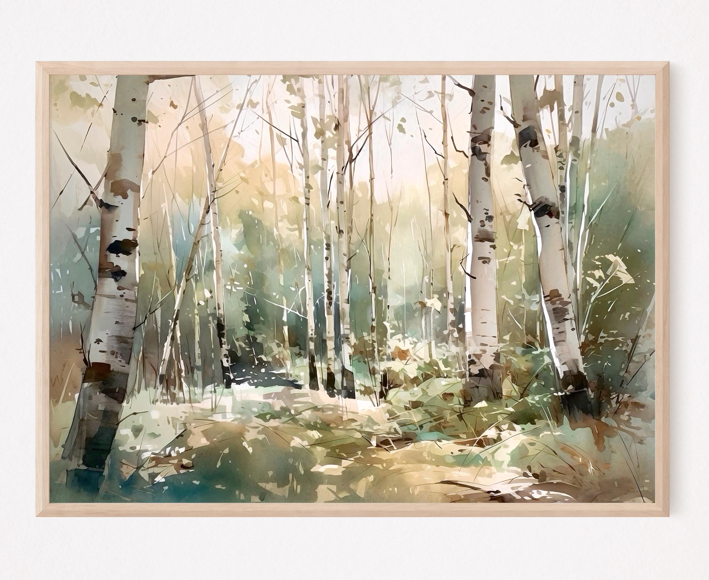 Birch woods horizontal art print, Watercolor birch tree painting, Landscape wall art, Home Decor Gift Art
