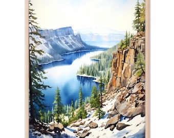 Crater Lake National Park Print, Oregon Travel Poster, Scenic Mountain Wall Decor Gift Artwork