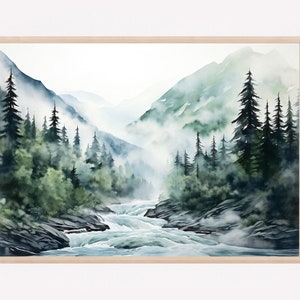 Mountain Landscape Watercolor Print, Panoramic Wall Art, Minimalist Mountains Painting, Green Nature Art Print, Scenic Artwork Gift