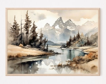 Grafika Grand Teton, Krajobraz górski, Akwarela ścienna, Dekoracja ścienna z górami, Sztuka Grand Teton, Wystrój domu wiejskiego. G.T.