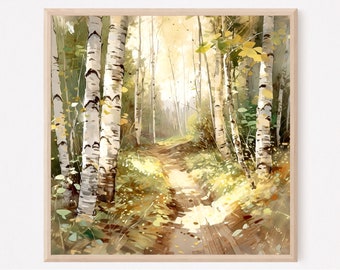 Birch woods art print, Watercolor birch tree painting, Fall birch trees artwork, Landscape wall art